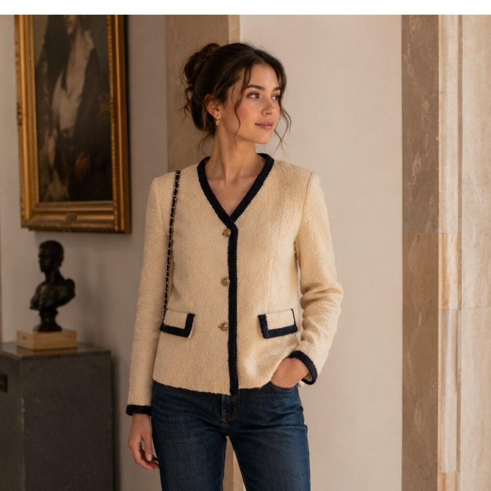 Vintage Cream Boucle Jacket Small Wool Navy Trim Gold Crest Buttons Old Money